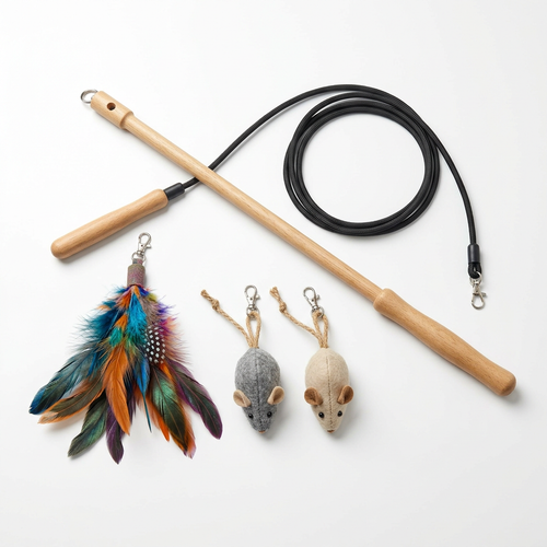 Set de varita para gatos con plumas y ratones colgantes sobre fondo blanco puro